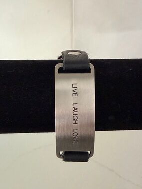 Cynthia H Designs Live Laugh Love Black Leather Bracelet with Silver Tone Plate